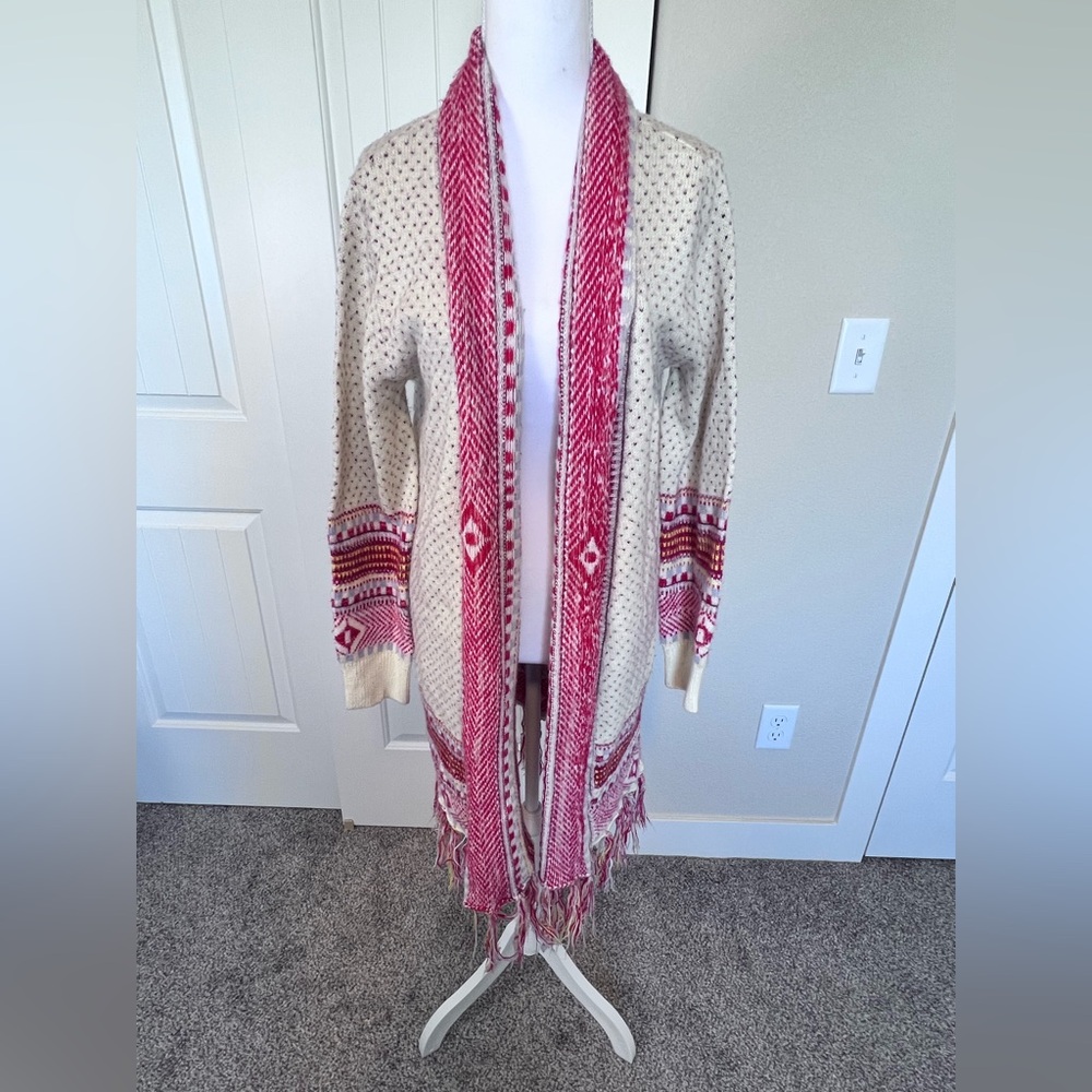 Boho Long Open Cardigan Sweater Maxi Knit Sweaters Aztec Tribal Tassel Sz Medium - Picture 2 of 10